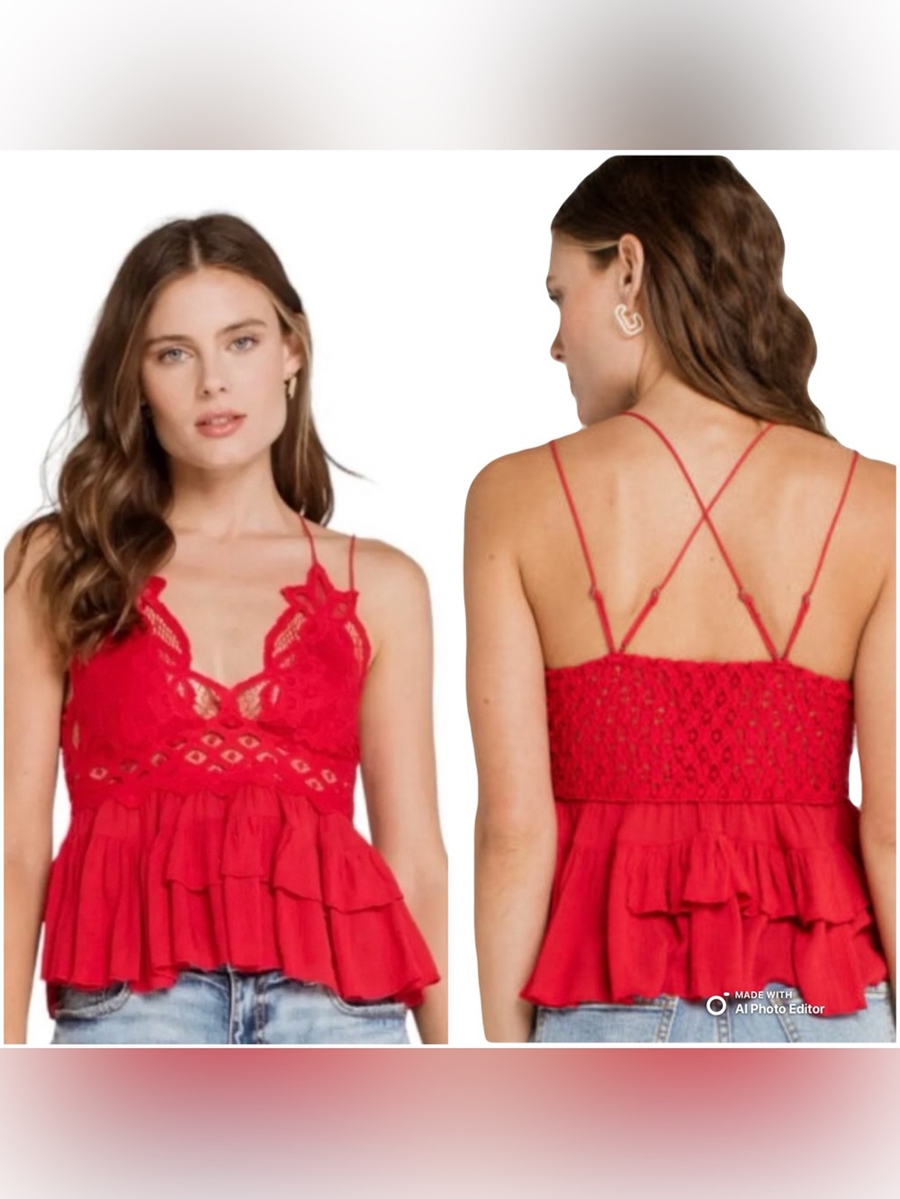NWT Free People Adella Cami XS Cherry Red Lace Bralette Boho Ruffle Tank Top